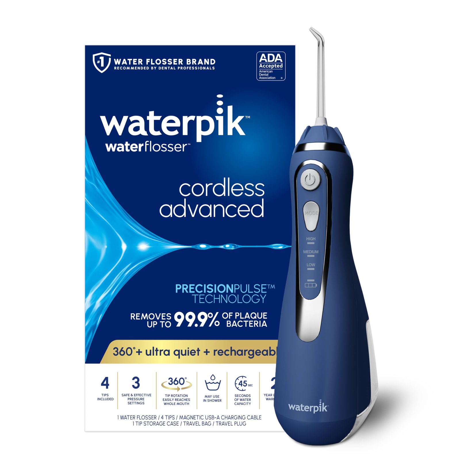Version 1.0.0 Waterpik Cordless Advanced 2.0 Water Flosser For Teeth, Gums, Braces, Dental Care With Travel Bag and 4 Tips, ADA Accepted, Rechargeable, Portable, and Waterproof, Blue WP-583, Packaging May Vary - Image 1
